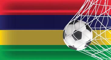 Soccer or Football ball in Goal Net Isolated on Mauritius Shaded Flag, Sports Accessory Equipment for Playing Game, Championship and Competition Design Element Realistic 3D vector