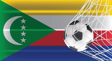 Soccer or Football ball in Goal Net Isolated on Comoros Shaded Flag, Sports Accessory Equipment for Playing Game, Championship and Competition Design Element Realistic 3D vector