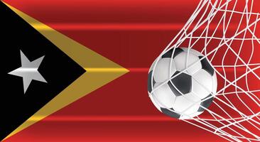 Soccer or Football ball in Goal Net Isolated on East Timor Shaded Flag, Sports Accessory Equipment for Playing Game, Championship and Competition Design Element Realistic 3D vector