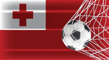 Soccer or Football ball in Goal Net Isolated on Tonga Shaded Flag, Sports Accessory Equipment for Playing Game, Championship and Competition Design Element Realistic 3D vector