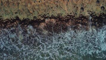 Top view of the coral coast.Turquoise ocean waves are lapping at the coral shore.A relaxing drone shot on the beach of a tropical resort.Waves break with foam on the shore. A paradise for impressions. video