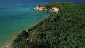Aerial view of the wild tropical coast of the Dominican Republic with rocky cliff and untouched nature.A light breeze rolls onto shore with turquoise ocean waves.A luxurious landscape for relaxation video