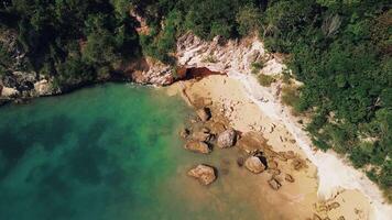 Aerial view of Enjoy the captivating aerial perspective of a beach with turquoise water, sandy shore, and lush greenery from this unique view. It offers a stunning glimpse of the coastal beauty video