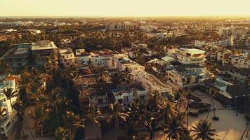 Aerial view of the Bavaro resort with a public white sand beach.Turquoise waters of the Caribbean Sea, a tropical paradise in the rays of the setting sun, Punta Cana, Dominican Republic.Boat trips video