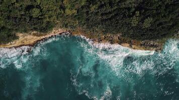 Aerial top view of wild tropical coast of Dominican Republic with rocky cliff and untouched nature.A light breeze rolls onto the shore with turquoise ocean waves.A luxurious landscape for relaxation video