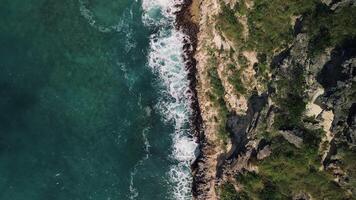 Aerial view of Enjoy the captivating aerial perspective of a beach with turquoise water, sandy shore, and lush greenery from this unique view. It offers a stunning glimpse of the coastal beauty video