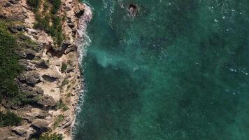 Aerial top view of wild tropical coast of Dominican Republic with rocky cliff and untouched nature.A light breeze rolls onto the shore with turquoise ocean waves.A luxurious landscape for relaxation video
