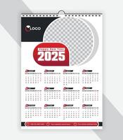 Modern wall calendar design 2025. Print Ready One Page wall calendar template design for 2025. Week starts on Sunday vector