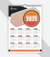 Modern wall calendar design 2025. Print Ready One Page wall calendar template design for 2025. Week starts on Sunday vector