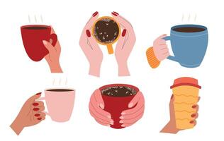 Coffee cups in hands flat set. Set of cups with coffee and tea in woman hands vector