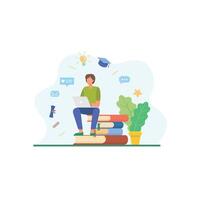 Student with laptop studying online course. Man sitting on stack of books using laptop illustration for internet school, knowledge, education concept vector