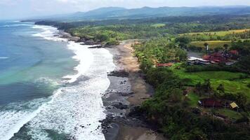 An aerial view of a beach and green hills video