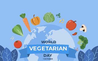 Vegetables and fruits are arranged around the globe with the words world vegetarian day vector