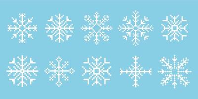 Pixel snowflake winter retro pixilated 8 bit game stamp. Set Holiday flake ornament. Simple crystal ornament. vector