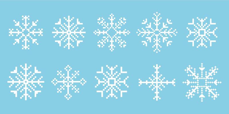 Pixel snowflake winter retro pixilated 8 bit game stamp. Set Holiday flake ornament. Simple crystal ornament.