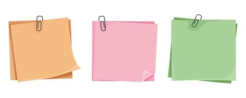 Memo notes, paper for note with clip, postit. Planner notebook page. Idea list. Post note sticker. Quote frame, reminder. vector