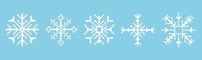 Pixel snowflake winter retro pixilated 8 bit game stamp. Set Holiday flake ornament. Simple crystal ornament. vector