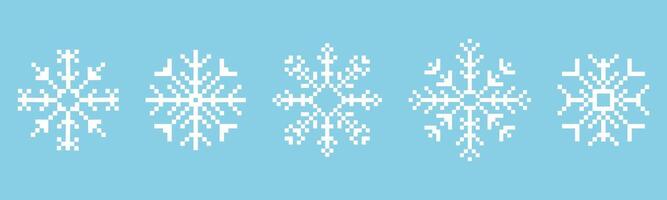 Pixel snowflake winter retro pixilated 8 bit game stamp. Set Holiday flake ornament. Simple crystal ornament. vector