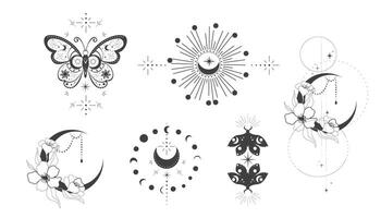 Magic mystic set moth tattoo thin line in doodle style moon and flowers tattoo, Elegant celestial isolated, boho esoteric symbol, Buterfly with stars and moon vector