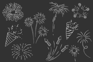 Fireworks and rocket, salute with burst, light and festive explosions chalk in doodle style. Hand drawn sparks, firecracker on white background. Party, celebrations, event. vector
