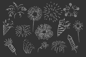 Fireworks and rocket, salute with burst, light and festive explosions chalk in doodle style. Hand drawn sparks, firecracker on white background. Party, celebrations, event. vector
