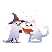 Halloween ghost and cat are reading a book vector