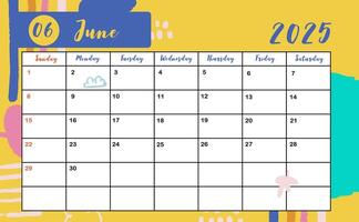2025 table June monthly calendar week start on Sunday with colorful style for horizonral printable design vector