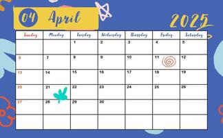 2025 table April monthly calendar week start on Sunday with colorful style for horizonral printable design vector