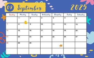 2025 table September monthly calendar week start on Sunday with colorful style for horizonral printable design vector