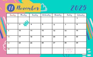 2025 table November monthly calendar week start on Sunday with colorful style for horizonral printable design vector