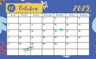 2025 table October monthly calendar week start on Sunday with colorful style for horizonral printable design vector