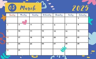 2025 table March monthly calendar week start on Sunday with colorful style for horizonral printable design vector