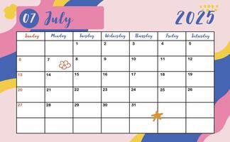2025 table July monthly calendar week start on Sunday with colorful style for horizonral printable design vector