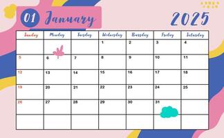 2025 table January monthly calendar week start on Sunday with colorful style for horizonral printable design vector