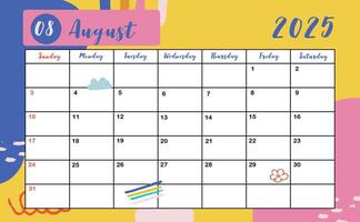 2025 table August monthly calendar week start on Sunday with colorful style for horizonral printable design vector