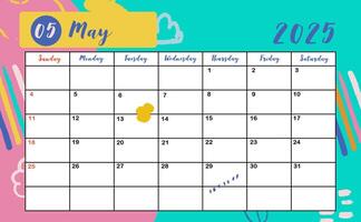 2025 table May monthly calendar week start on Sunday with colorful style for horizonral printable design vector