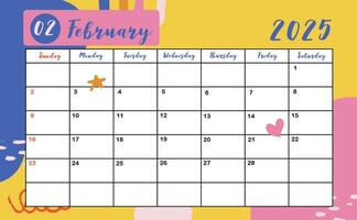 2025 table February monthly calendar week start on Sunday with colorful style for horizonral printable design vector