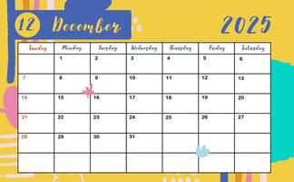 2025 table December monthly calendar week start on Sunday with colorful style for horizonral printable design vector