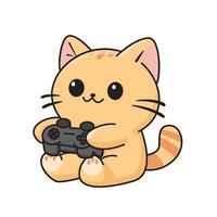 Cute cat holding game controller, smiling. vector