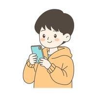 Cute Boy Cartoon Character Playing Smartphone with Smile Expression vector