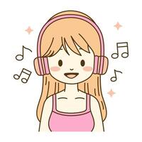 Cute Beautiful Girl Cartoon Character Listening Music Using Headphone with Smile Expression vector