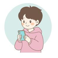 Cute Boy Cartoon Character Playing Gadget Phone with Smile Expression vector