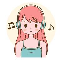 Cute Beautiful Girl Cartoon Character Listening Music Using Headphone with Sad Expression vector