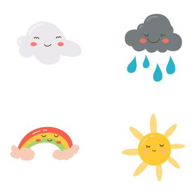 Set of Cute Rain Cloud Rainbow Sun Character in the Sky