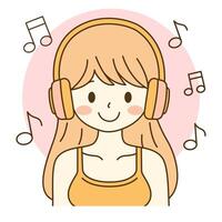Cute Beautiful Girl Cartoon Character Listening Music Using Headphone with Happy Expression vector