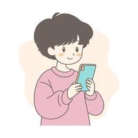Cute Boy Cartoon Character Playing Gadget with Happy Expression vector