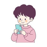 Cute Boy Cartoon Character Playing Gadget with Smile Expression vector