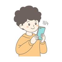 Cute Boy Cartoon Character Playing Phone with Smile Expression vector