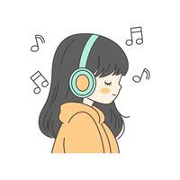 Cute Girl Cartoon Character Listening Music Using Headphone with Sad Expression vector