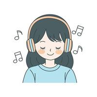 Cute Girl Cartoon Character Listening Music with Headphone While Smiling vector